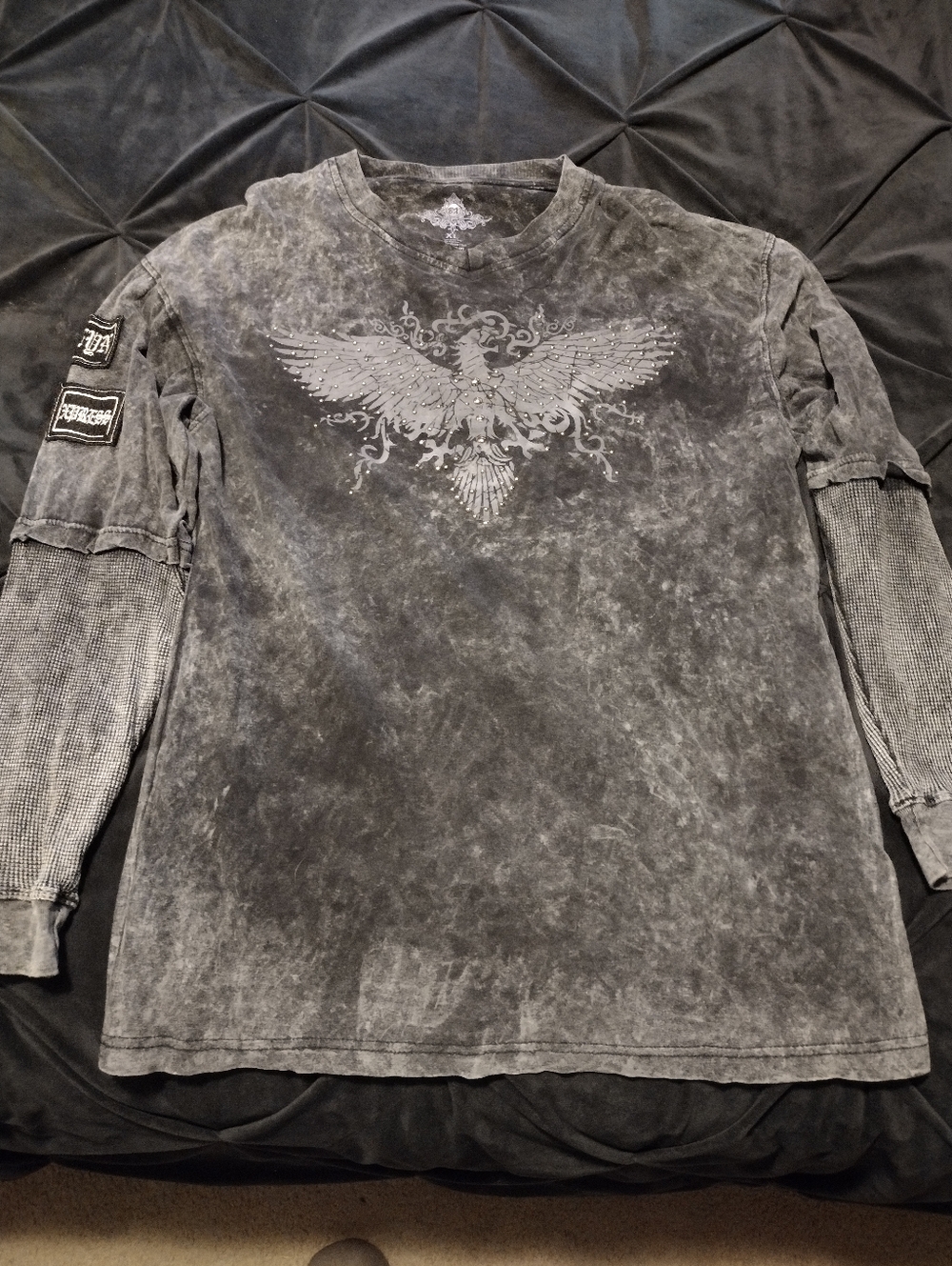 Men's Washed Black Graphic Long-Sleeve Shirt with Layered Look
